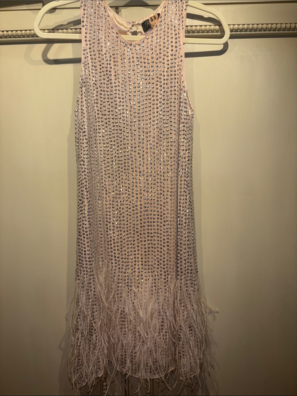 Parker Black Sequin Feather Slip Dress in Nude